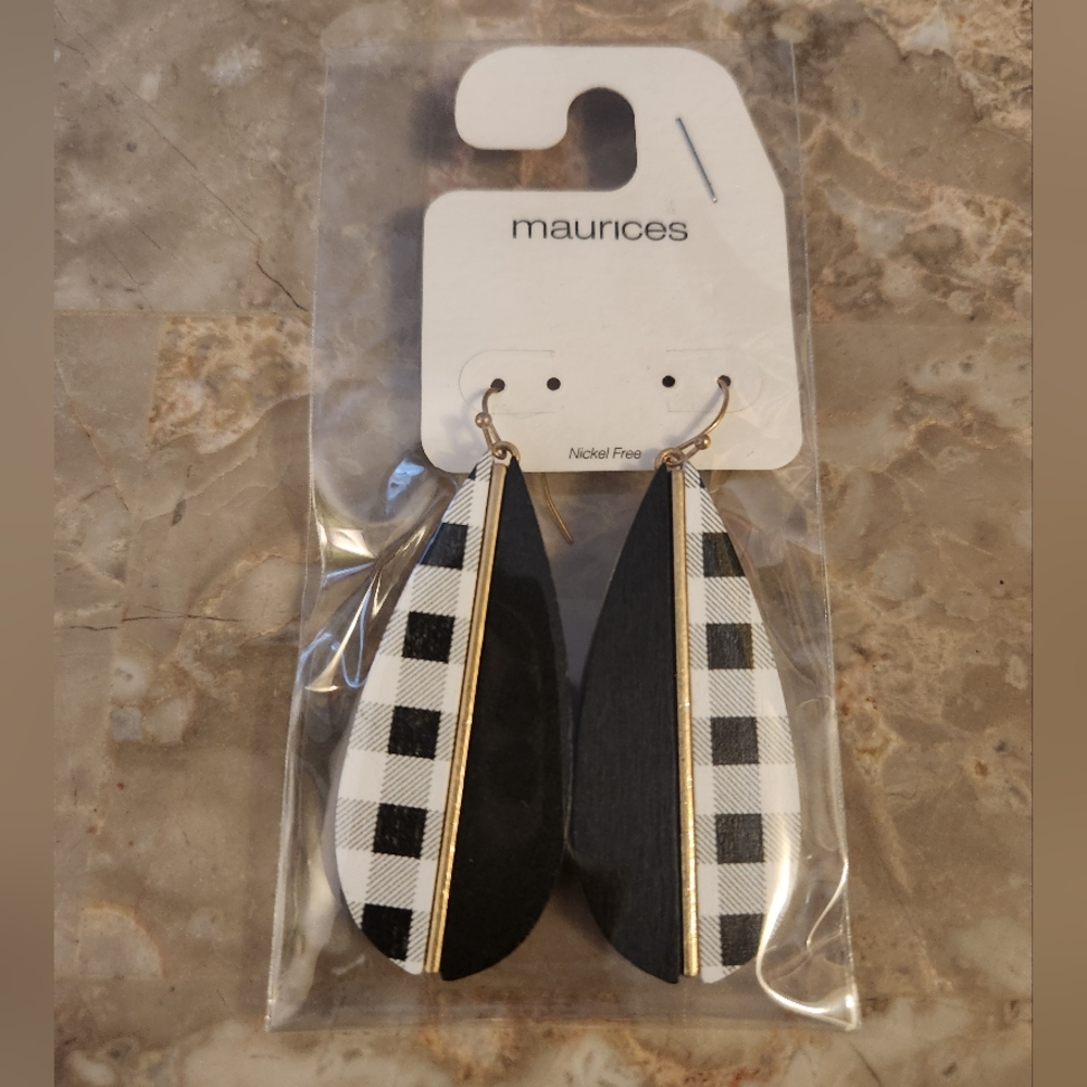 Maurices Black And White Buffalo Plaid Teardrop Earrings